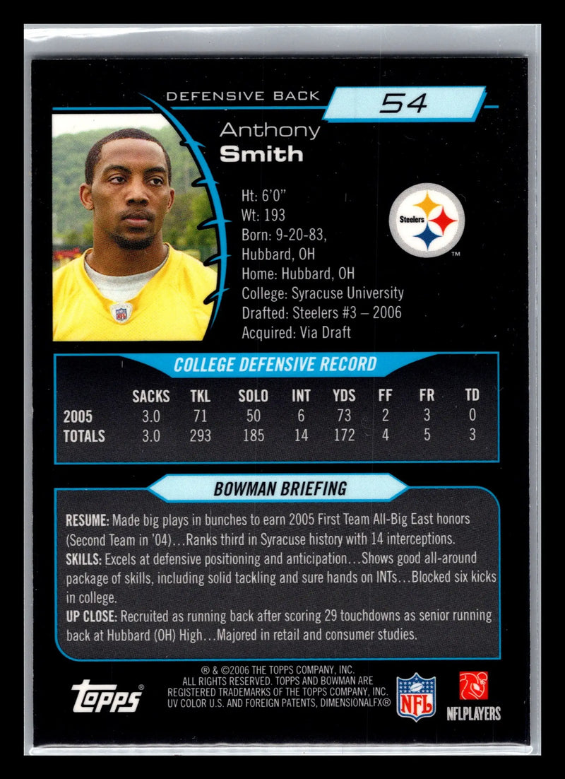 2006 Bowman Chrome #54 Anthony Smith Pittsburgh Steelers Rookie - Football Card Single