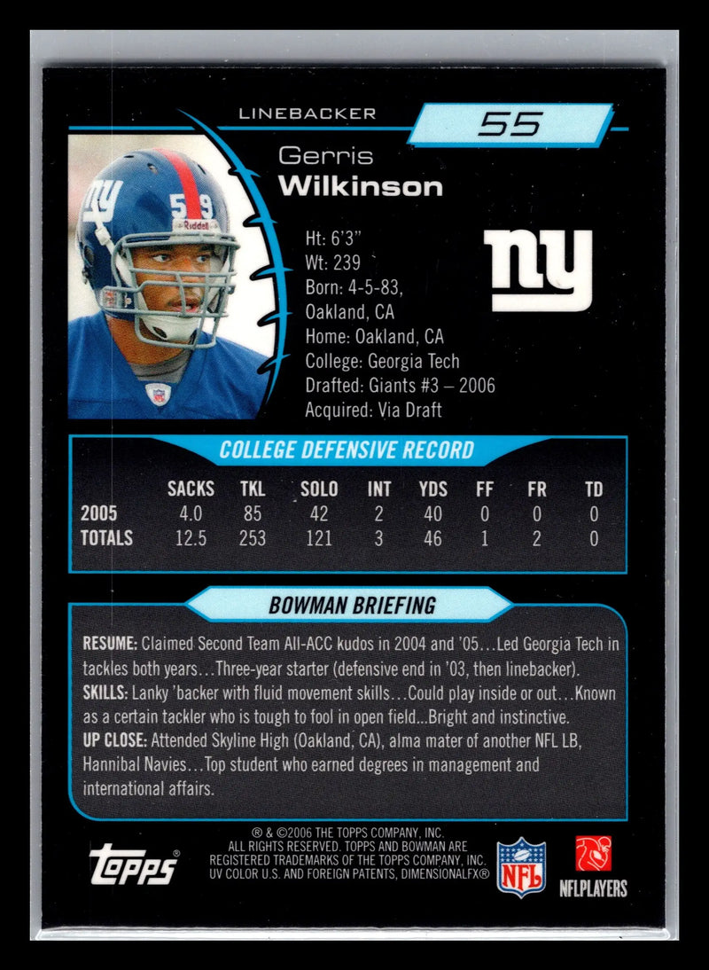 2006 Bowman Chrome #55 Gerris Wilkinson New York Giants Rookie - Football Card Single