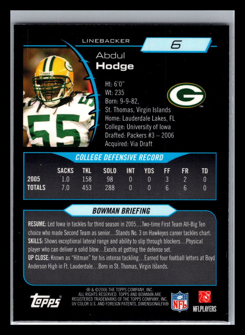 2006 Bowman Chrome #6 Abdul Hodge Green Bay Packers Rookie - Football Card Single