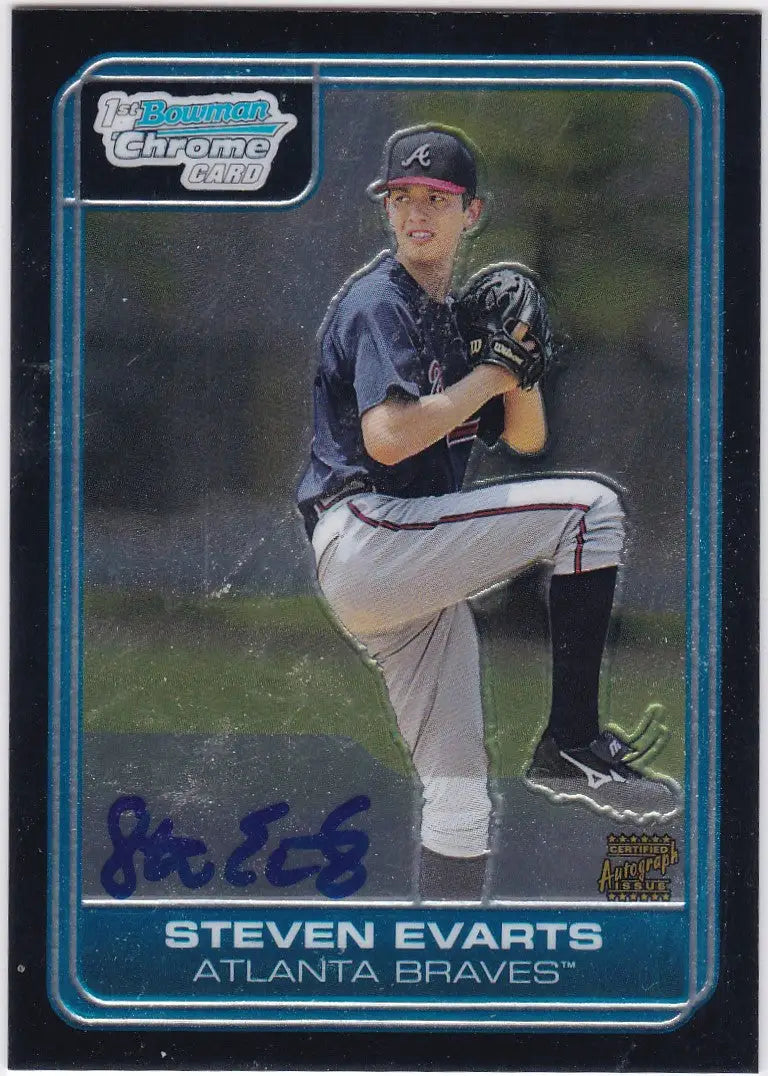 Baseball card of DP74 Steven Evarts Auto in wind-up pose for Atlanta Braves