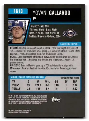 2006 Bowman Chrome Draft Yovani Gallardo baseball card featuring original gloss and prospects