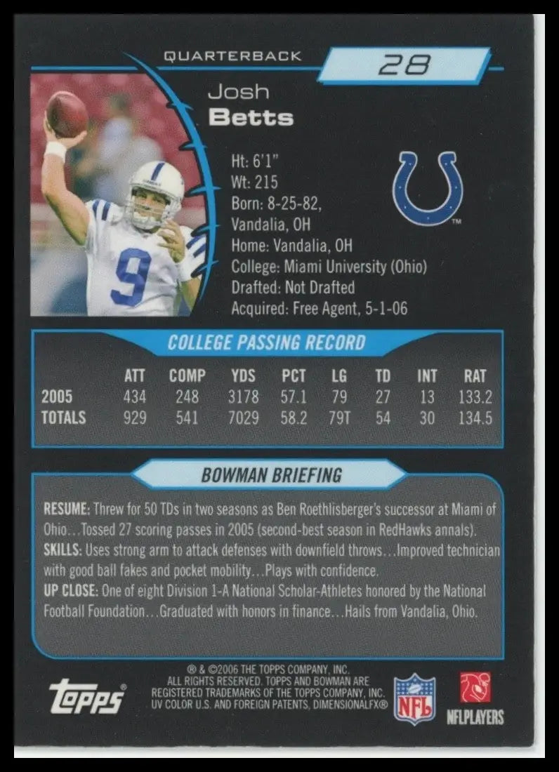 2006 Bowman Chrome Josh Betts rookie football card featuring Indianapolis Colts quarterback