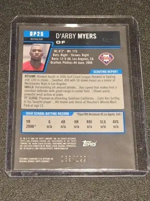 2006 Bowman Draft Picks & Prospects #DP25 D’Arby Myers Blue Refractors #/199 - Baseball Card Single