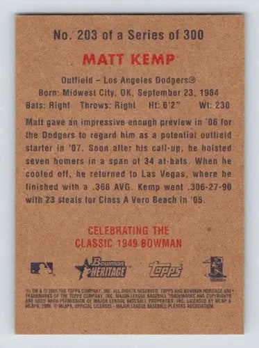 2006 Bowman Heritage #203 Matt Kemp NM-MT Dodgers ID:81498 - Baseball Card Single