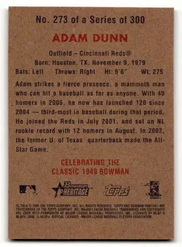 Original gloss Adam Dunn Cincinnati Reds baseball card from 2006 Bowman Heritage series
