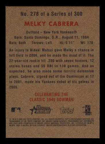 Melky Cabrera baseball card from 2006 Bowman Heritage Chrome Yankees product