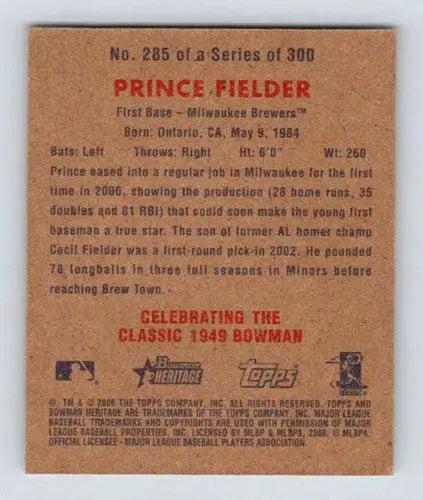 2006 Bowman Heritage Mini #285 Prince Fielder NM-MT Brewers ID:71866 - Baseball Card Single