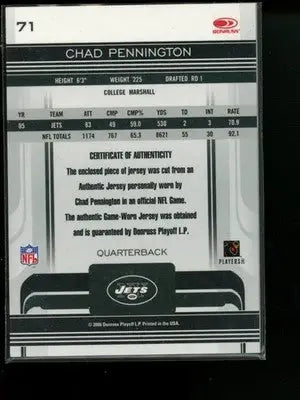 2006 Donruss Gridiron Gear Chad Pennington #71 Game-Used Jersey Football - Football Card Single