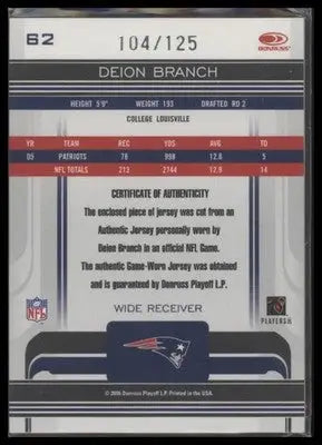 2006 Donruss Gridiron Gear Deion Branch #62 Jerseys #/125 Patriots - Football Card Single