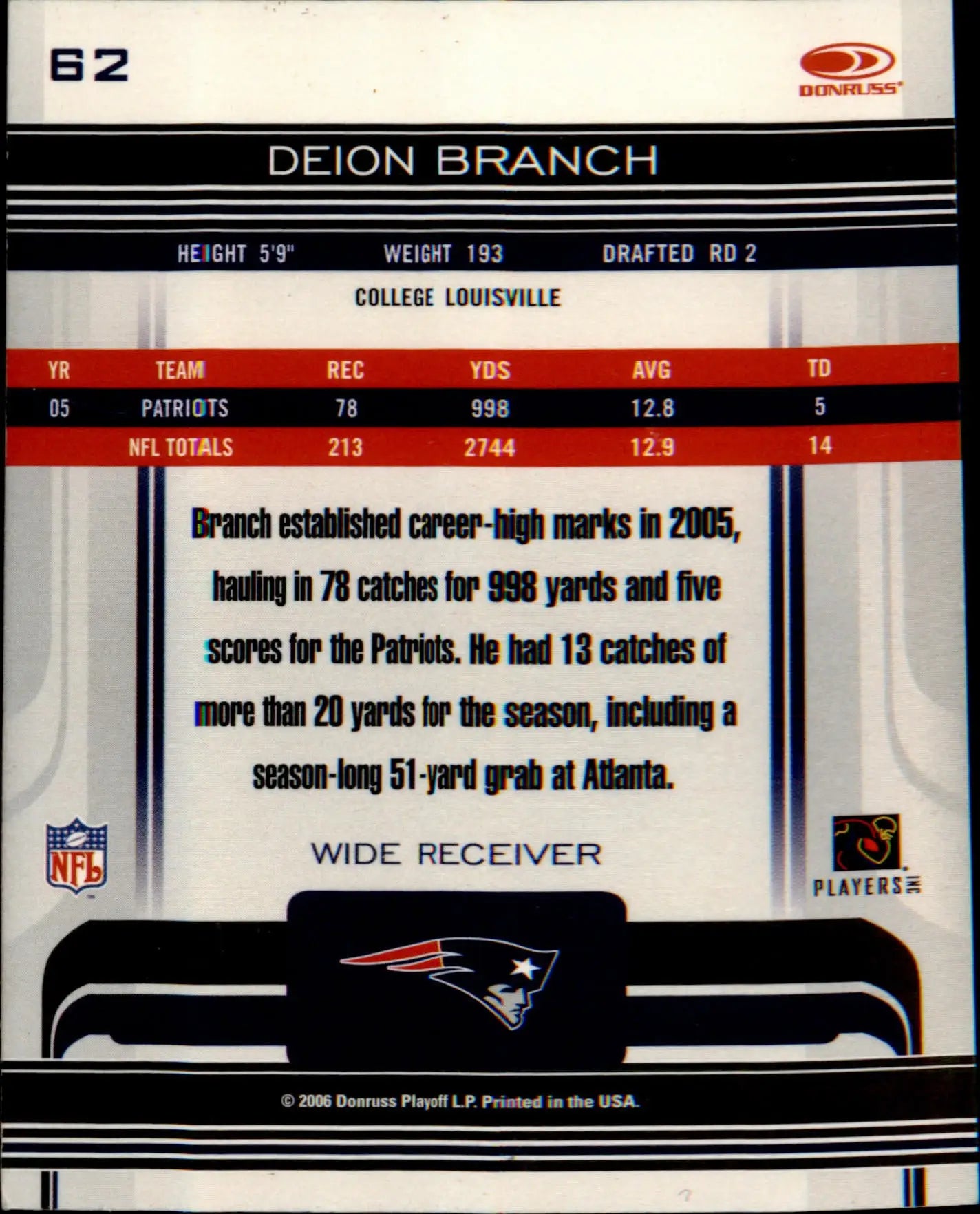 2006 Donruss Gridiron Gear Retail #62 Deion Branch - Football Card Single