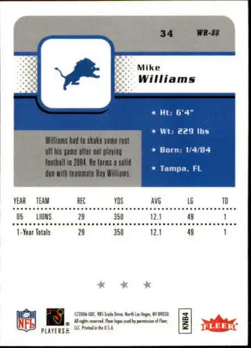 2006 Fleer #34 Mike Williams NM-MT Lions - Football Card Single