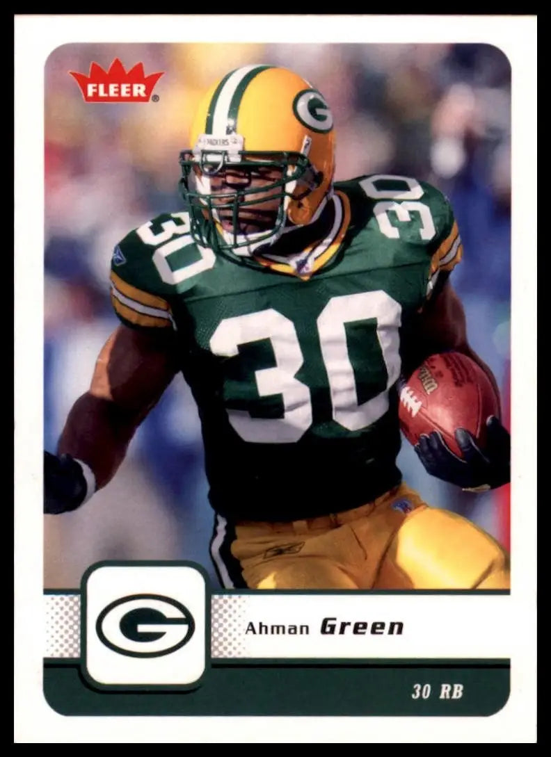 Green Bay Packers football card featuring Ahman Green in action from 2006 Fleer series