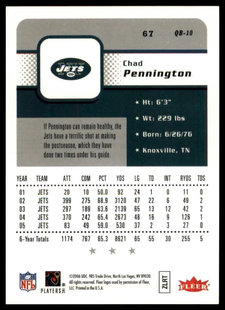 2014 Fleer Ultra football card of Chad Pennington #67 New York Jets NFL sports