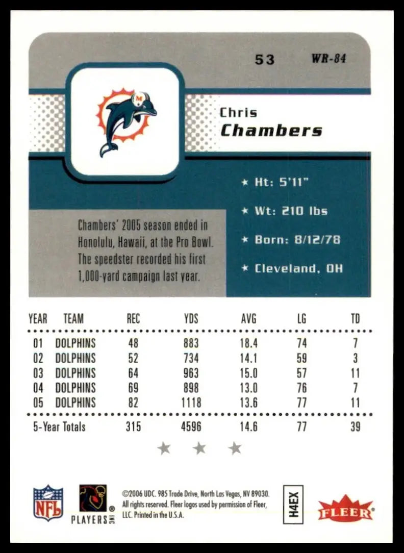 2006 Fleer Chris Chambers #53 Miami Dolphins Football Card NFL Sports - Football Card Single