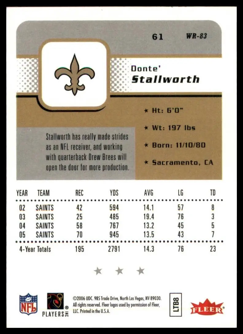 2006 Fleer Donte Stallworth #61 New Orleans Saints Football Card NFL Sports - Football Card Single