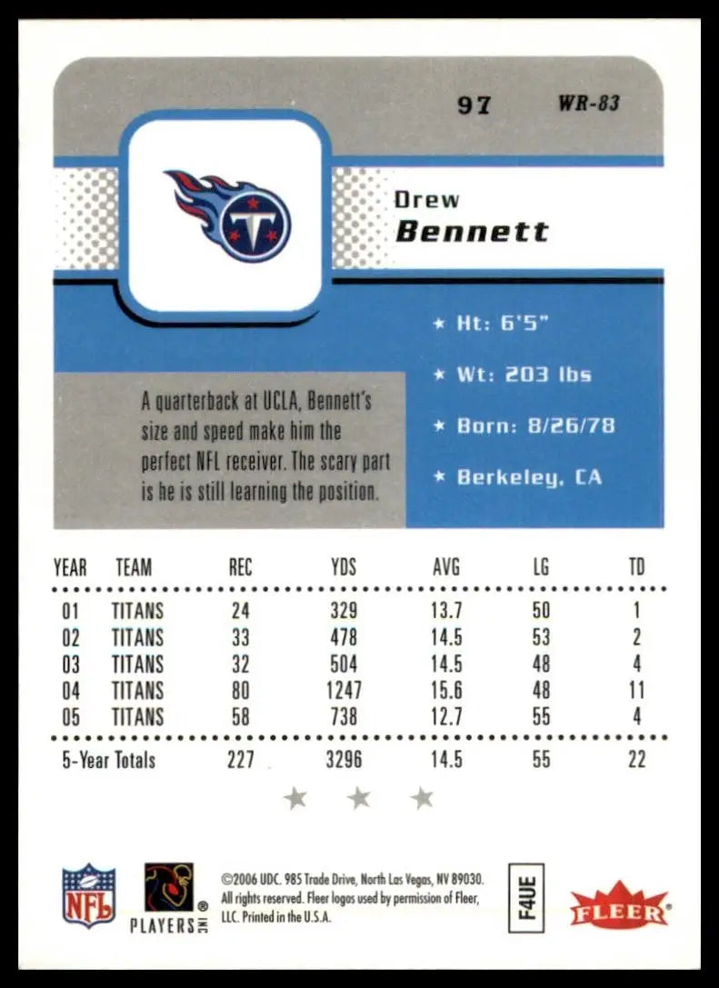 2006 Fleer Drew Bennett #97 Tennesee Titans Football Card NFL Sports - Football Card Single