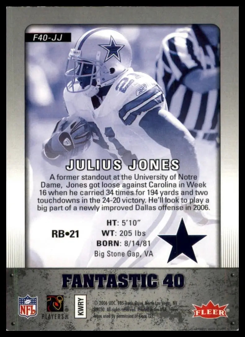 Dallas Cowboys Julius Jones football card from 2006 Fleer Fantastic 40 series