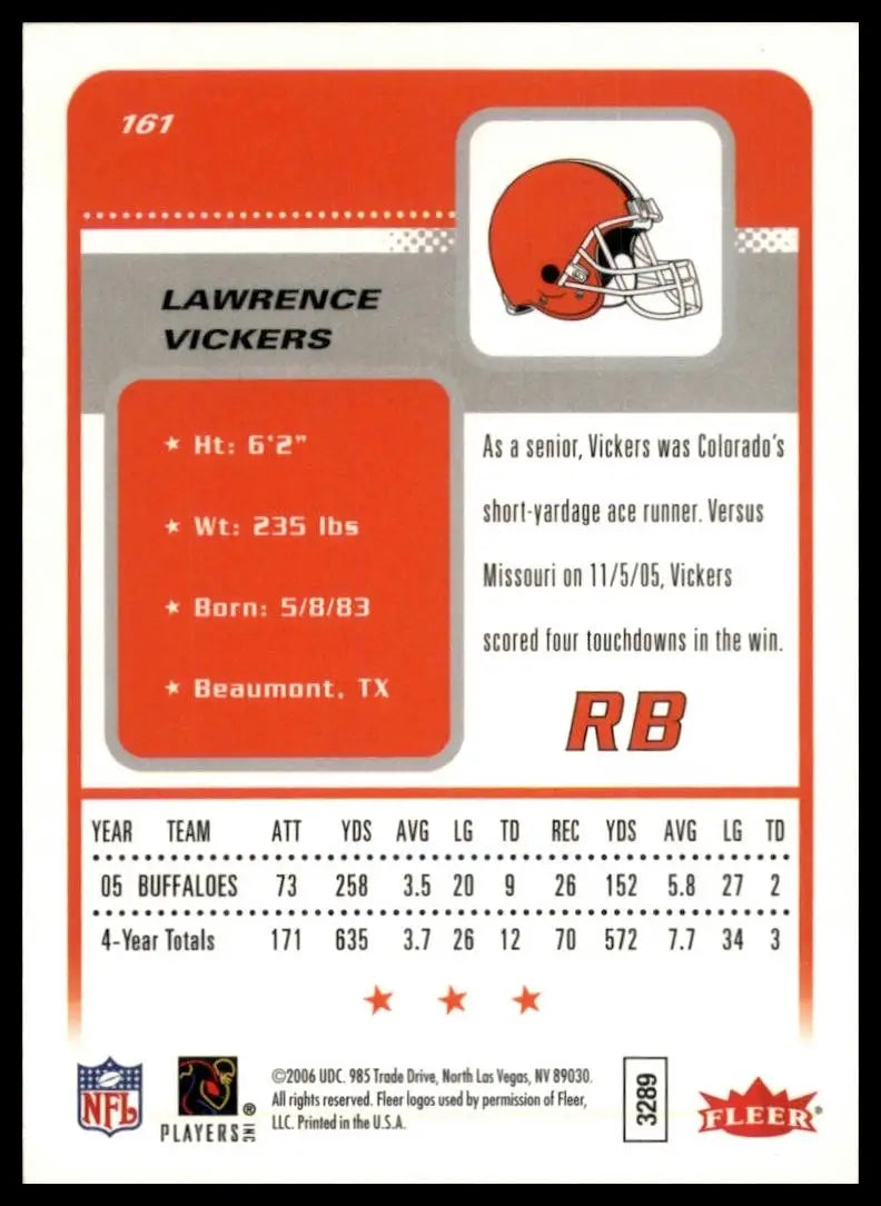 2006 Fleer Lawrence Vickers Cleveland Browns rookie football card with orange and black design