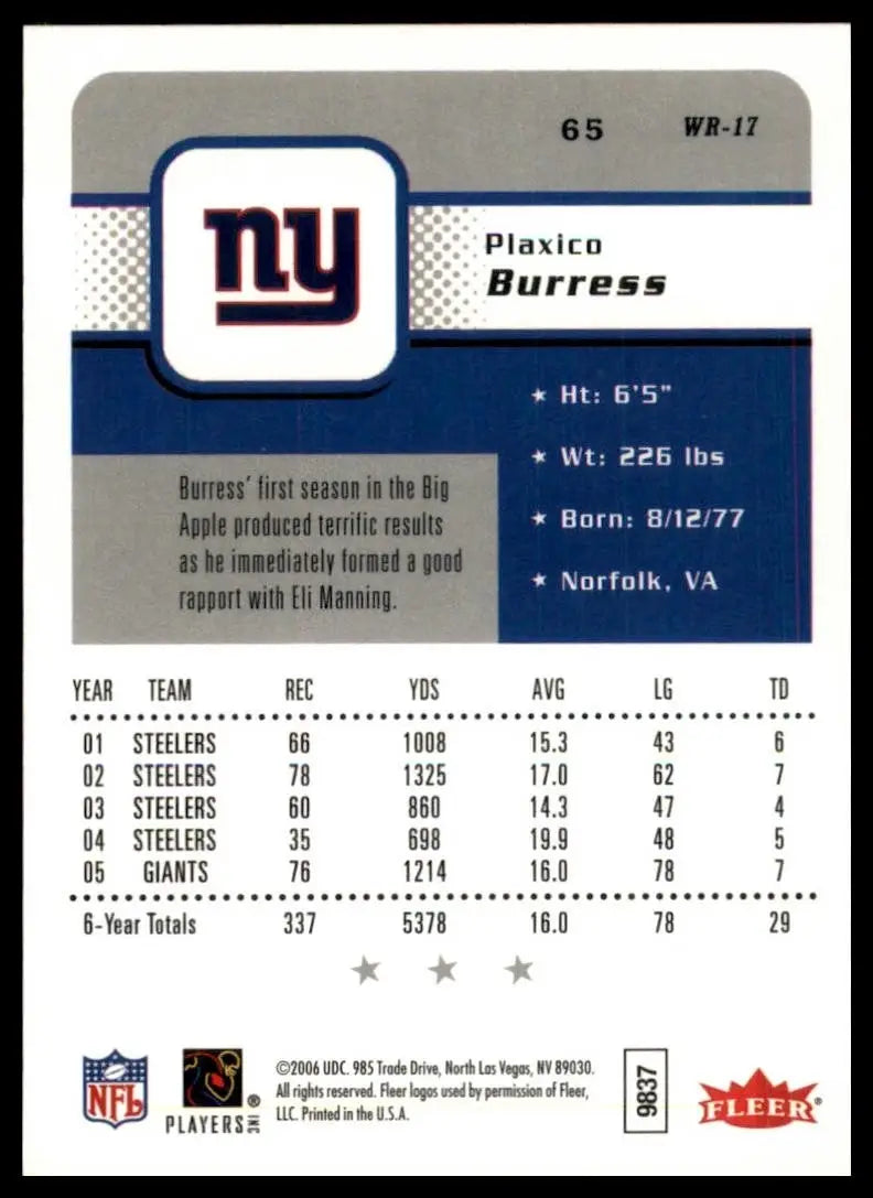2006 Fleer Platinum Plaxico Burress football card featuring New York Giants NFL player