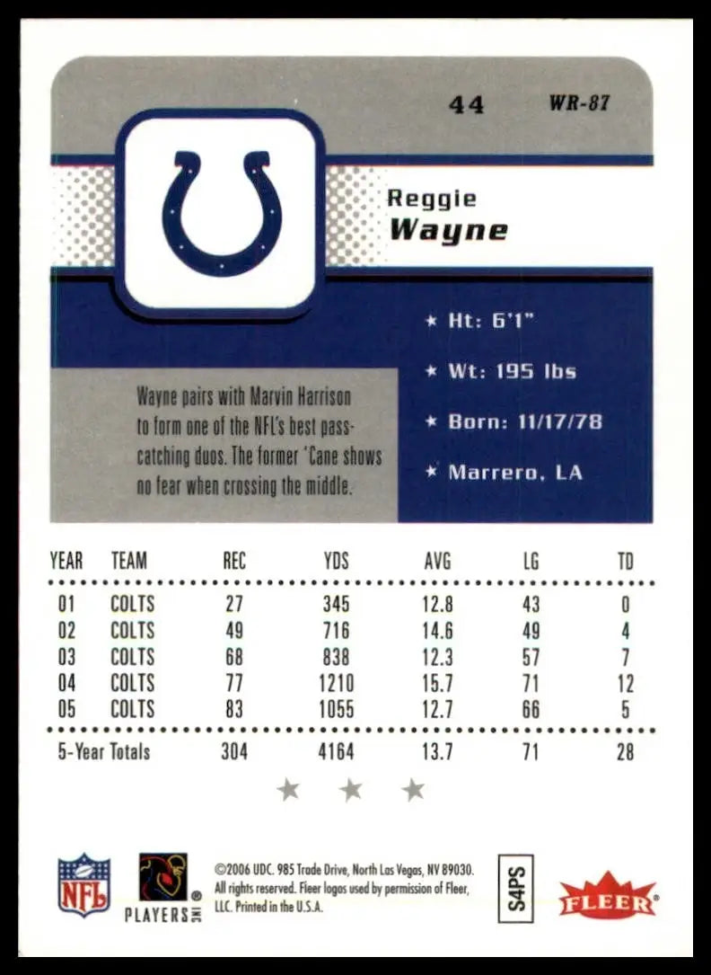 Indianapolis Colts football card featuring Reggie Wayne from 2006 Fleer series