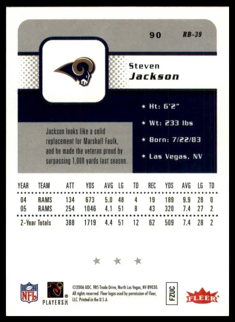 2006 Fleer Steven Jackson #90 St Louis Rams Football Card NFL Sports - Football Card Single