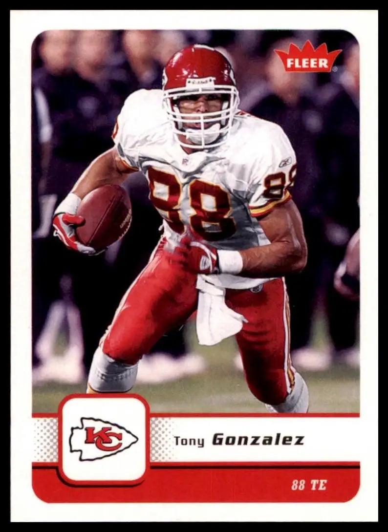 Red and white Tony Gonzalez football card featuring Kansas City Chiefs logo from 2006 Fleer
