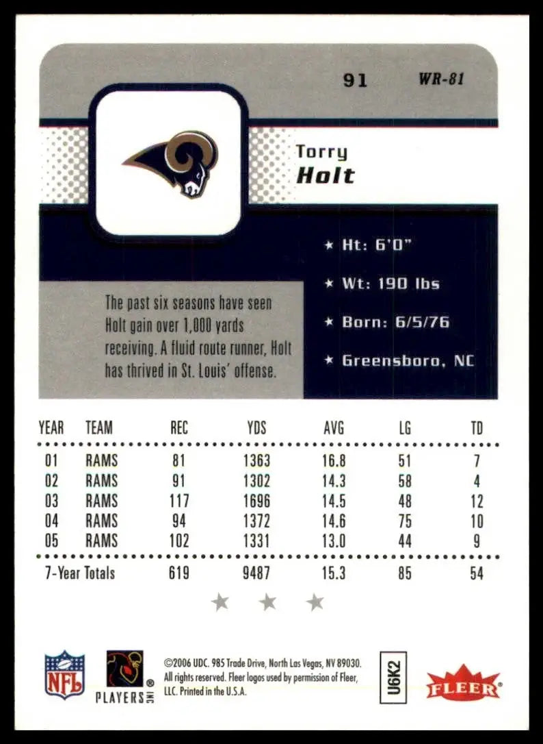 2004 Fleer NFL players St Louis Rams football card featuring Torry Holt #91
