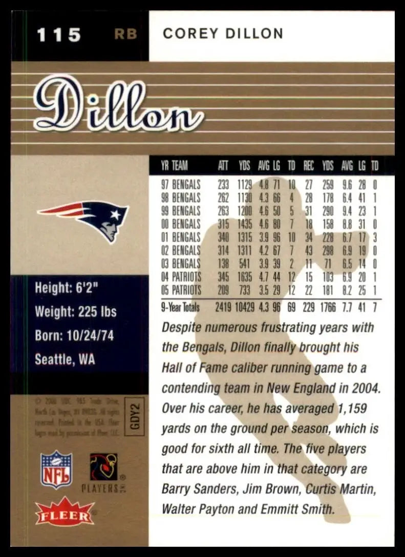 Gold NFL Fleer Ultra Corey Dillon football card with player stats and black and white text