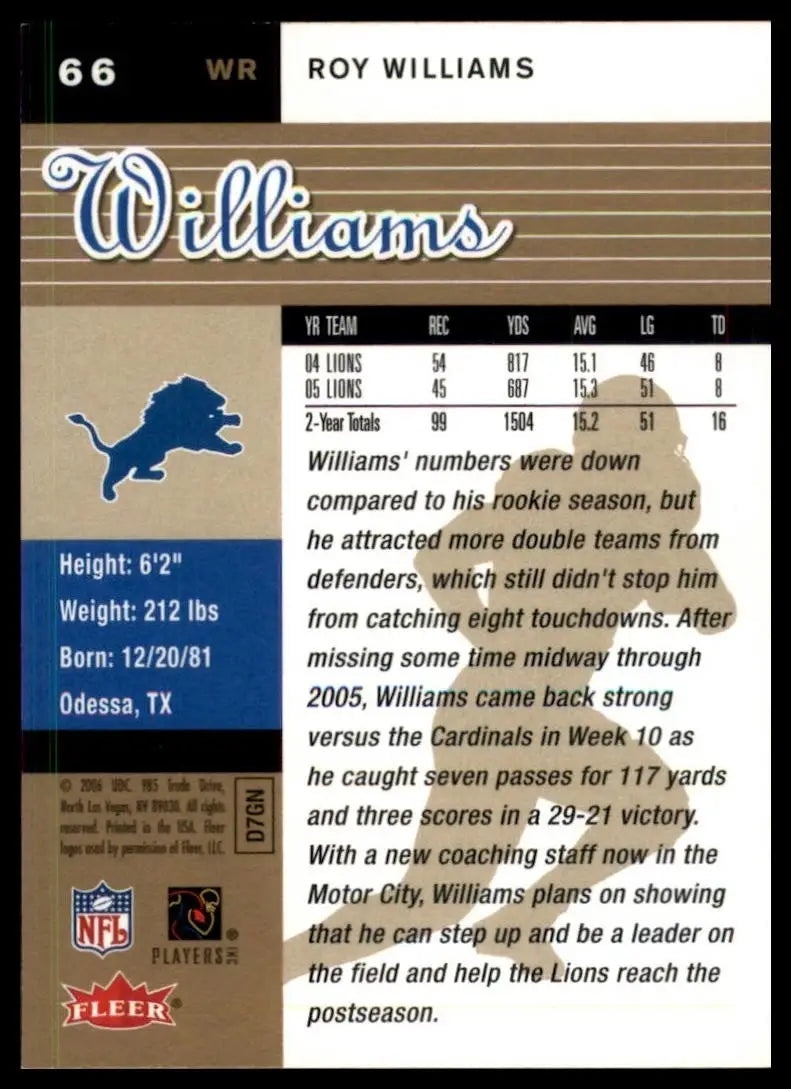 2006 Fleer Ultra Roy Williams Detroit Lions football card with gold medallion detail