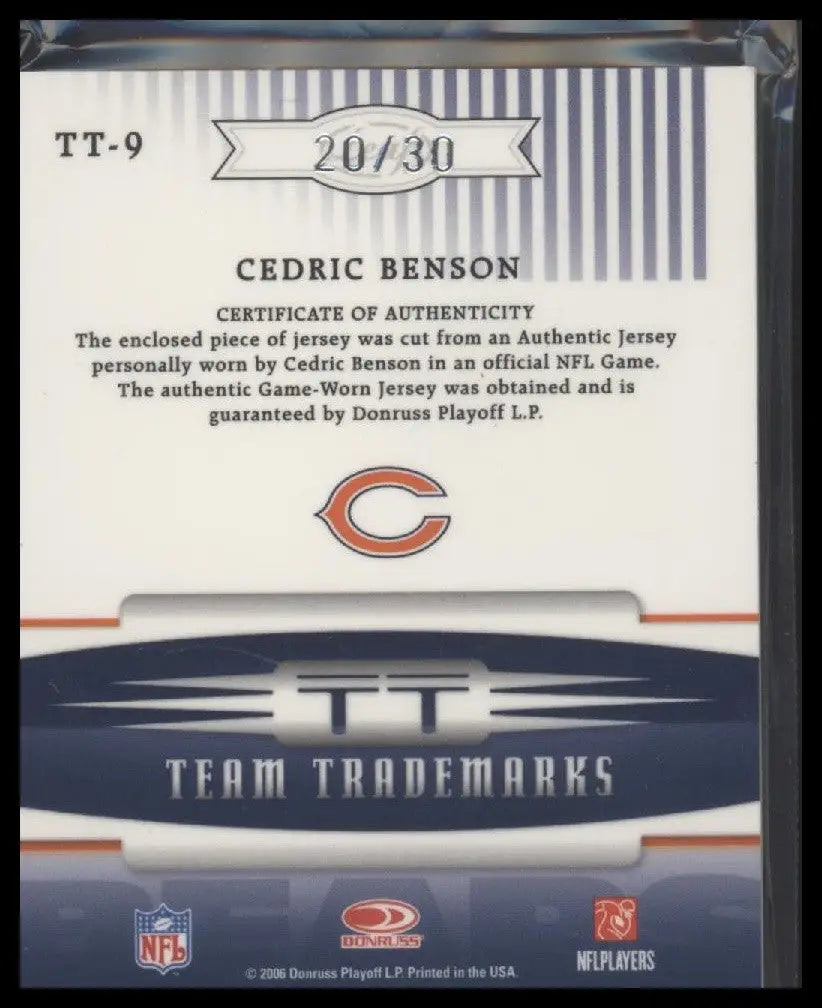 2006 Leaf Limited #TT-9 Cedric Benson Team Trademarks Materials Prime #/30 - Football Card Single