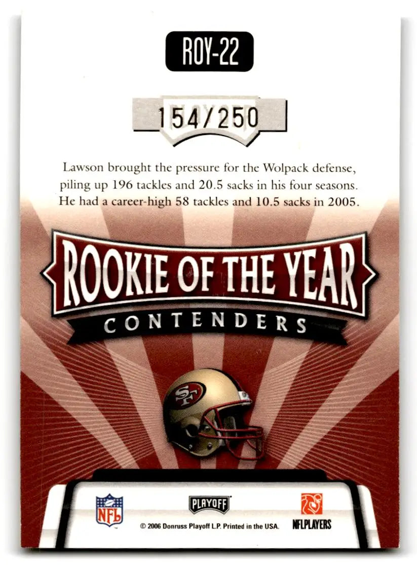 2006 Playoff Contenders #ROY-22 Manny Lawson ROY Contenders Gold #/250 - Football Card Single