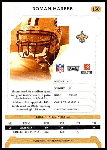 Roman Harper football card from 2006 Playoff NFL Playoffs original gloss rookie Saints