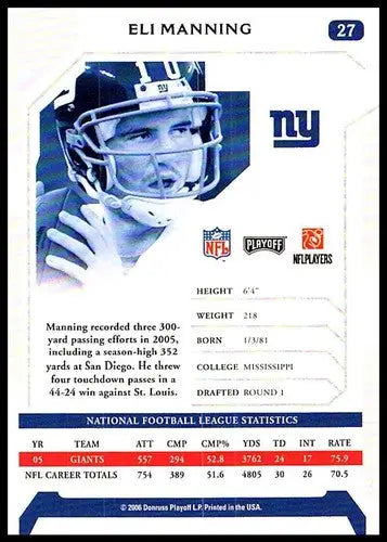 Eli Manning football card from 2006 Playoff NFL Playoffs series depicting NY Giants