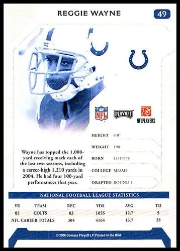 2006 Playoff NFL Playoffs #49 Reggie Wayne NM Near Mint Colts ID:64620 - Football Card Single