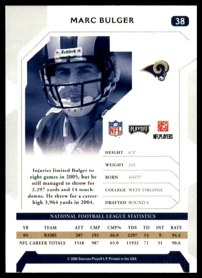 2008 Donruss Playoff football card featuring Marc Bulger from the 2006 NFL Playoffs series