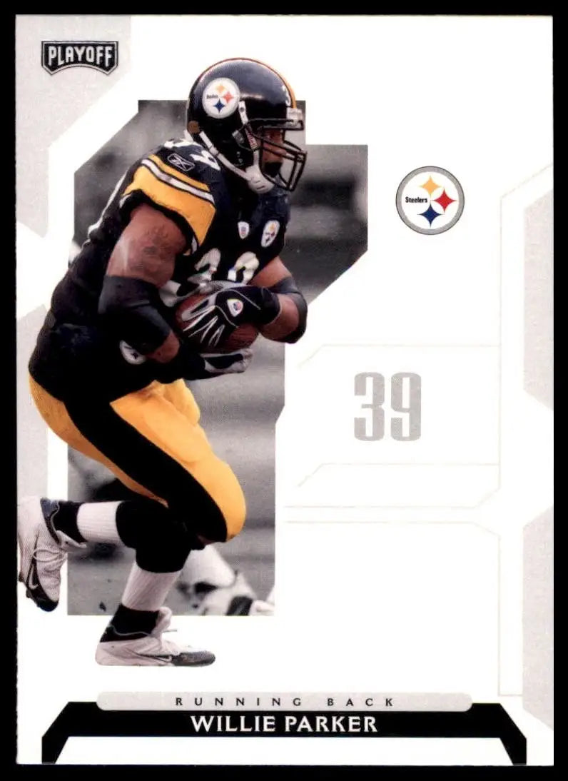 Black and yellow football player action card featuring Willie Parker from 2006 Playoff NFL Football Card