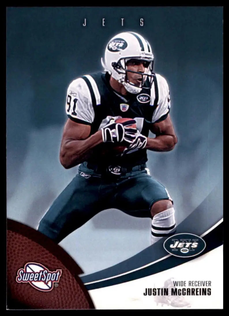 Black and white football card featuring Justin McCareins in Jets uniform with Sweet Spot logo