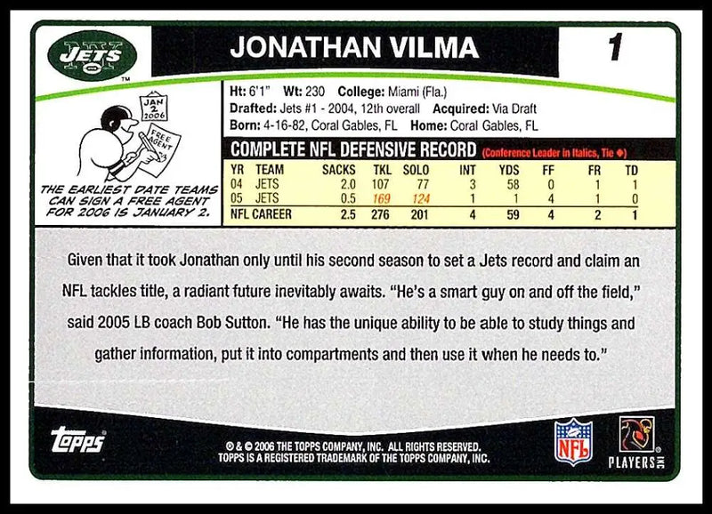 2006 Topps #1 Jonathan Vilma NM-MT New York Jets Football Card - Football Card Single