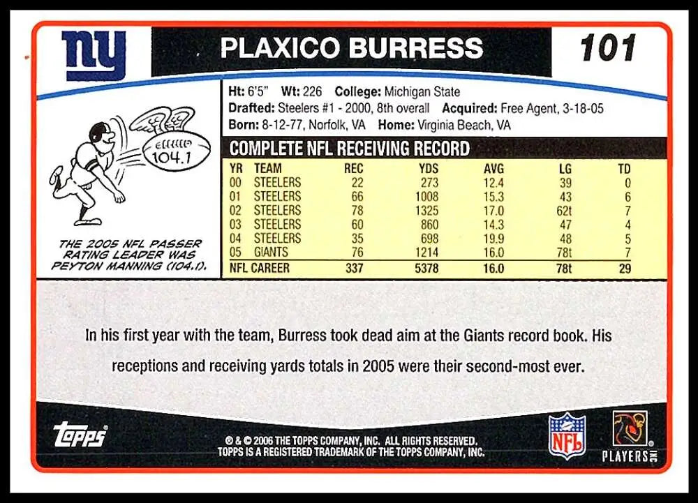 2006 Topps #101 Plaxico Burress NM-MT New York Giants Football Card - Football Card Single