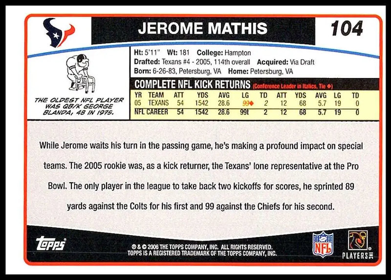 2006 Topps #104 Jerome Mathis NM-MT Houston Texans Football Card - Football Card Single