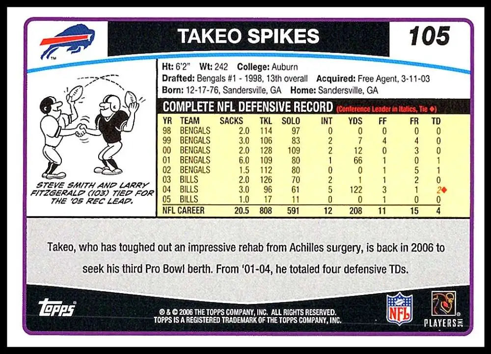 2006 Topps #105 Takeo Spikes NM-MT Buffalo Bills Football Card - Football Card Single