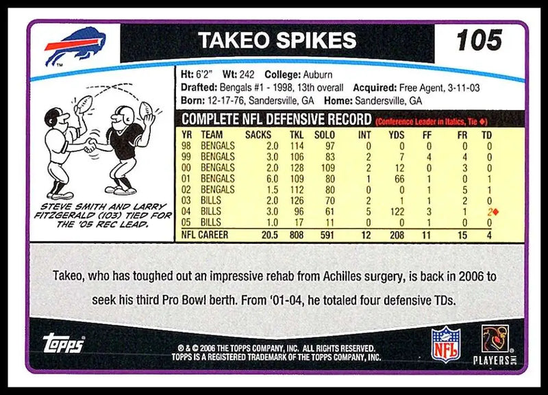 2006 Topps #105 Takeo Spikes NM-MT Buffalo Bills Football Card - Football Card Single