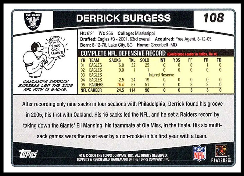 2006 Topps #108 Derrick Burgess NM-MT Oakland Raiders Football Card - Football Card Single