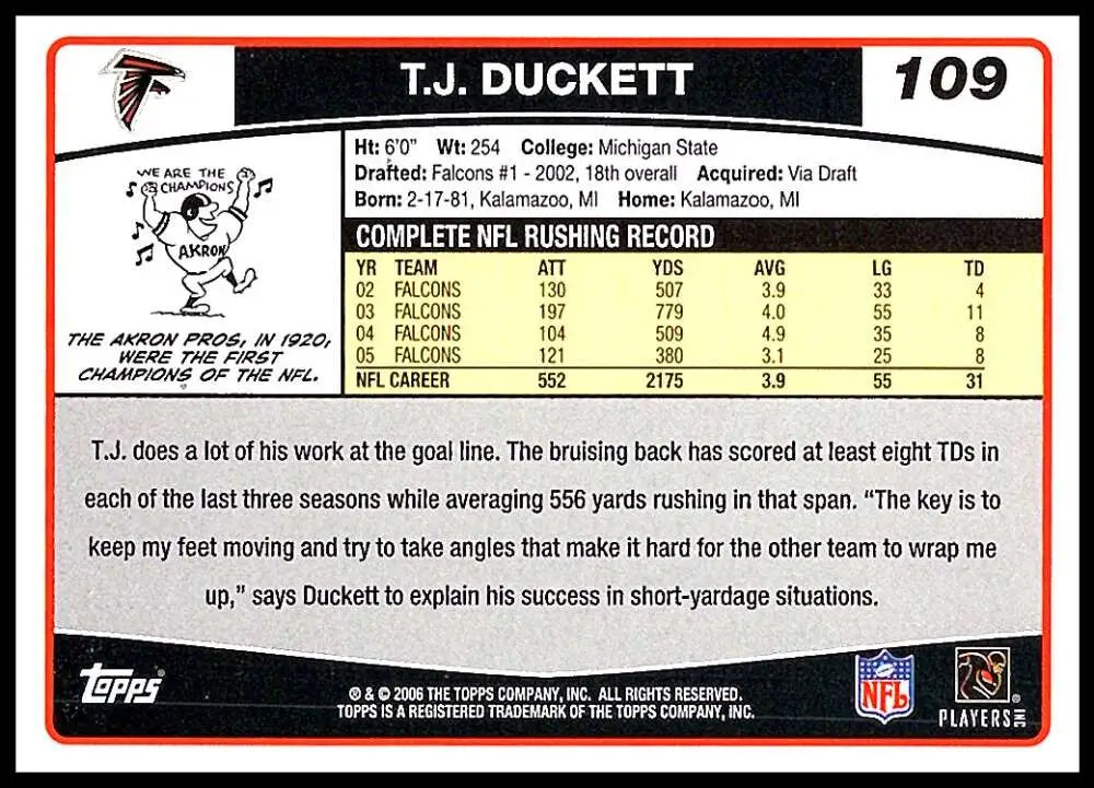 2006 Topps #109 T.J. Duckett NM-MT Atlanta Falcons Football Card - Football Card Single