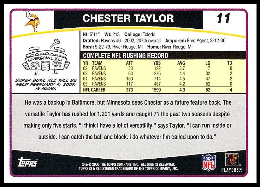 2006 Topps #11 Chester Taylor NM-MT Minnesota Vikings Football Card - Football Card Single