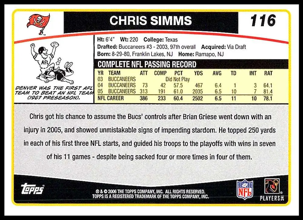 2006 Topps #116 Chris Simms NM-MT Tampa Bay Buccaneers Football Card - Football Card Single