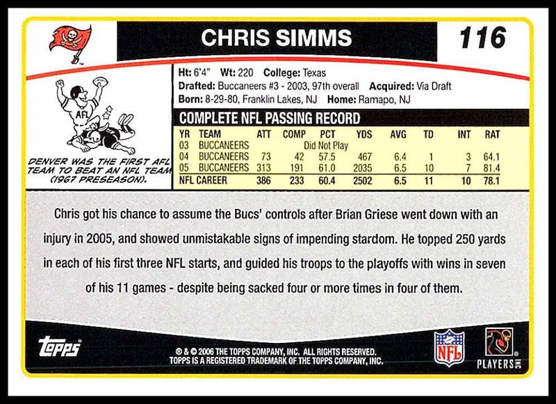 2006 Topps #116 Chris Simms NM-MT Tampa Bay Buccaneers Football Card - Football Card Single