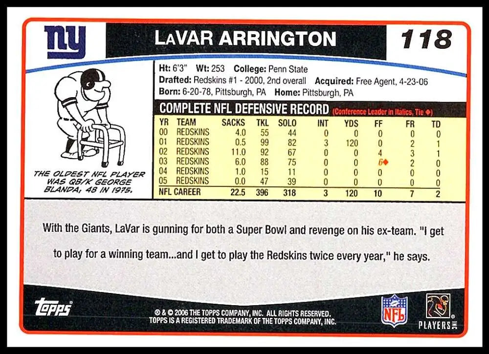 2006 Topps #118 LaVar Arrington NM-MT New York Giants Football Card - Football Card Single