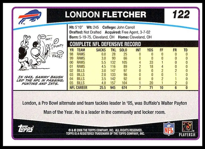 2006 Topps #122 London Fletcher NM-MT Buffalo Bills Football Card - Football Card Single
