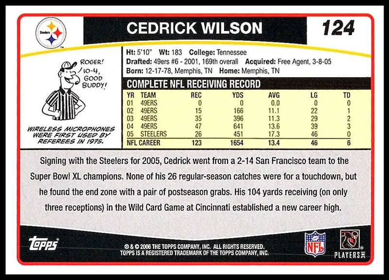 2006 Topps #124 Cedrick Wilson NM-MT Pittsburgh Steelers Football Card - Football Card Single